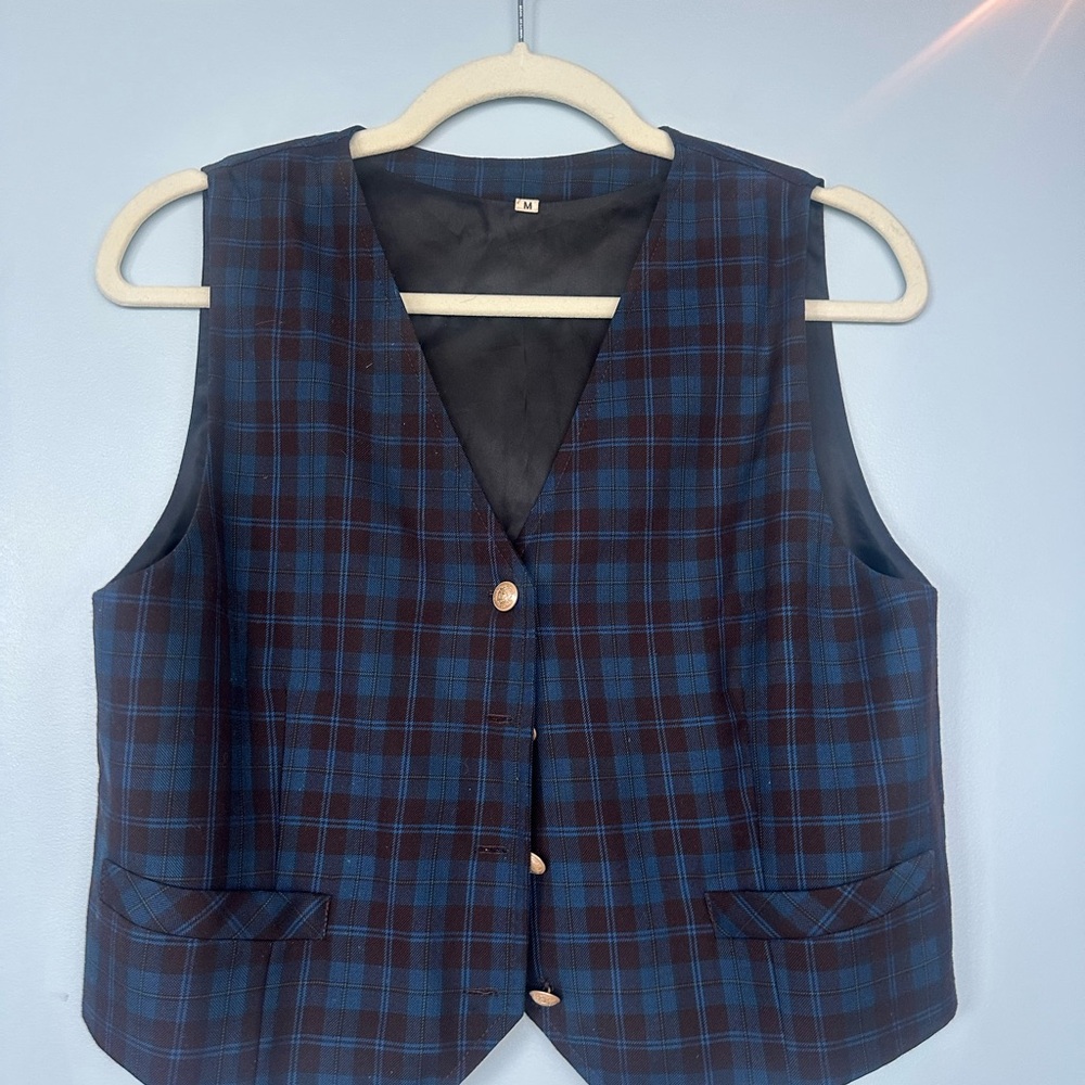 Vintage Navy and Espresso Plaid Button-Up Vest